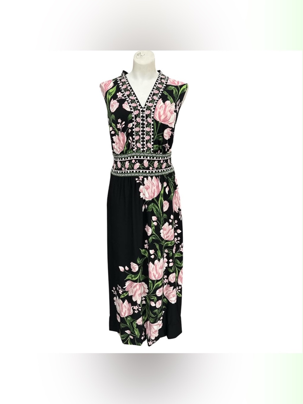Laura NWT Sleeveless Black Floral V-Neck Midi Dress - Pink Rose Print Size L